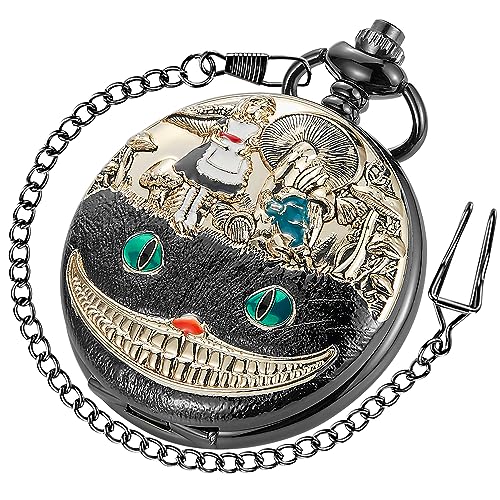 Tiong Alice im Wunderland Taschenuhr Alice Zifferblatt römische Ziffern Quarz Taschenuhren mit Kette Weihnachten Geburtstag Geschenke, 43 - Schwarz, Klassisch von Tiong