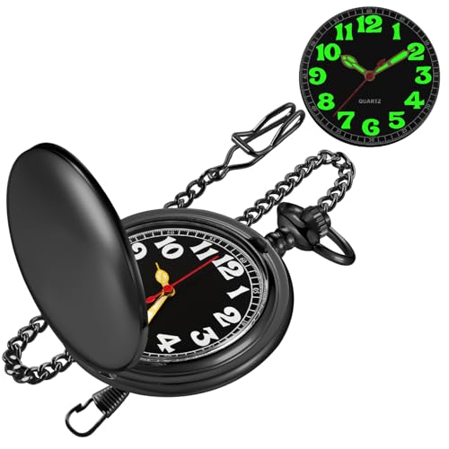 Tiong Schwarze Herren-Taschenuhr mit glatter Abdeckung, leuchtende arabische Ziffern, schwarzes Zifferblatt, Taschenuhr mit Kette, Cf-new06 von Tiong