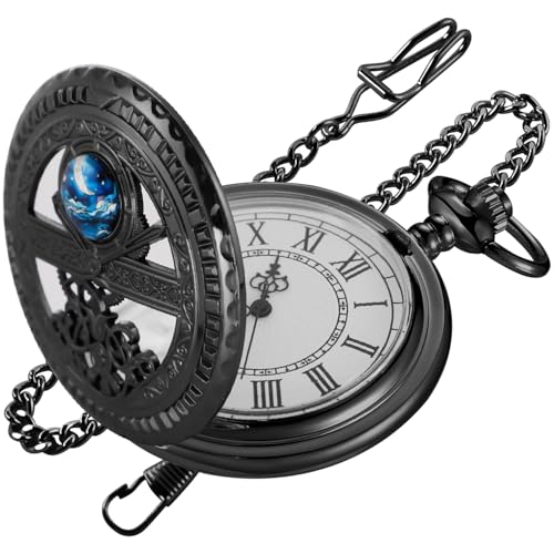 Tiong Schwarze ausgehöhlte Mondphasen Quarz Herren Taschenuhr römische Ziffern weißes Zifferblatt Taschenuhr mit Kette, Cf-new21 von Tiong
