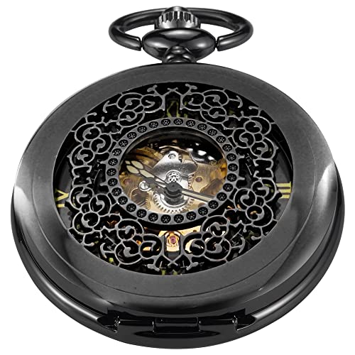 Tiong Mechanische Taschenuhr für Herren, Schwarz + Braun + Silberfarben, Fob-Kette, römische Digitale Steampunk-Taschenuhr für Herren, MPW132-UK… von Tiong