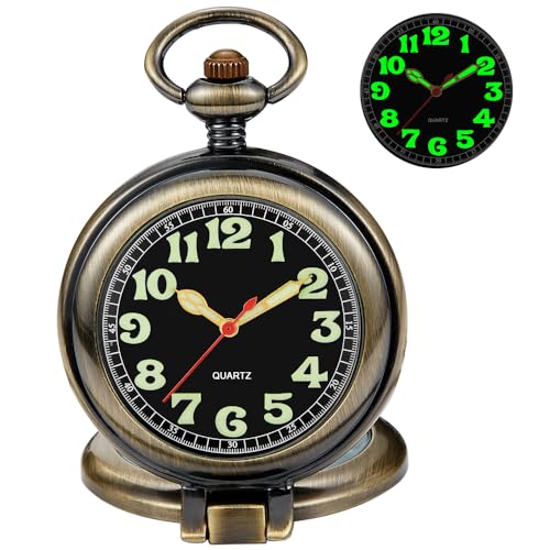 Tiong Silber/Schwarz/Bronze Transparente Abdeckung Quarz Taschenuhr Leuchtend Zifferblatt Edelstahl Taschenuhr Geschenk für Männer mit Kette, 42 - Bronze von Tiong