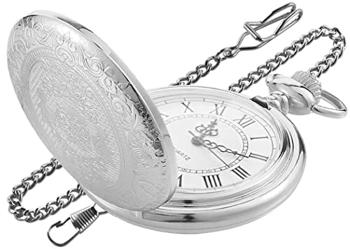 Tiong Silberne große dekorative Taschenuhr mit Blumenmuster, weiße römische Digitale Skala, Quarz-Taschenuhr, Herren-Kette, Weihnachten/Abschluss/Geburtstag/Vatertag, Mb-cfj002… von Tiong