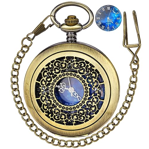 Tiong Taschenuhr Hohl Blau Stern Design Römische Ziffern Taschenuhr Quarzuhren mit Kette Weihnachten Geburtstag Geschenke für Männer Frauen, 16 - Bronze, Klassisch von Tiong