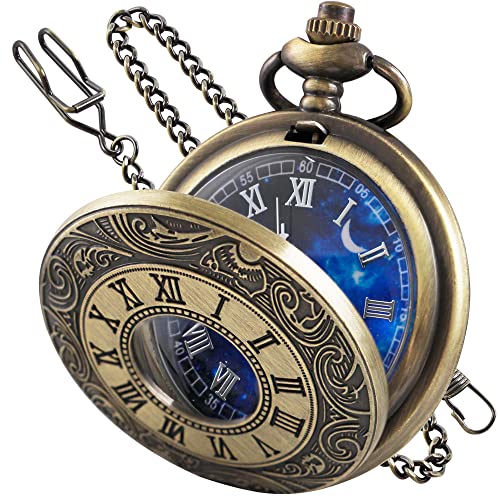Tiong Taschenuhr, hohl, blauer Stern, römische Ziffern, Taschenquarzuhr mit Kette, Weihnachten, Geburtstag, Geschenke für Männer und Frauen, CF2007-Bronze, Klassisch von Tiong