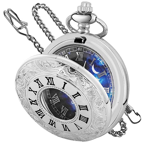 Tiong Taschenuhr, hohl, römische Ziffern, Vintage, Blau, Sternenhimmel, Quarz, Taschenuhren mit Kettenanhänger für Männer und Frauen, CF2007-Silber, Retro von Tiong