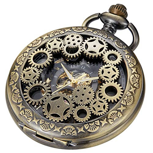 Tiong Vintage Mechanische Taschenuhr Steampunk Skelett Einzigartige Römische Ziffern Herren Anhänger mit Kette Geburtstagsgeschenke Vatertag, 01-Bronze, Klassisch von Tiong