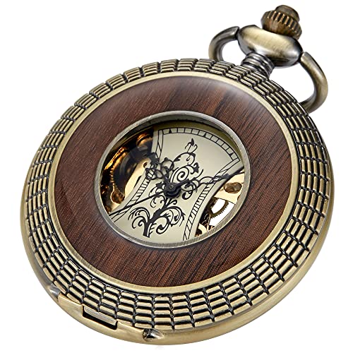 Tiong Holz Taschenuhr Mechanische Steampunk Elegante Kupfer Holz Open Face Design Herren Taschenuhren mit Kette Box Beste Geschenke, 06 - Bronze, Klassisch von Tiong