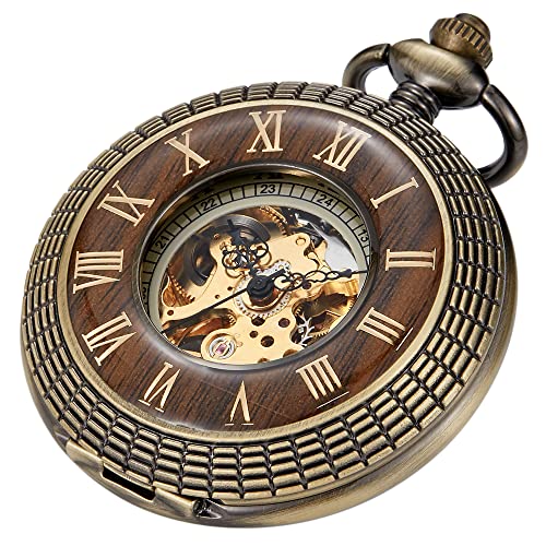 Tiong Taschenuhr aus Holz, mechanisch, Steampunk, elegant, Kupfer, offenes Zifferblatt, Herren-Taschenuhren mit Kettenbox, beste Geschenke, 07-Bronze, Klassisch von Tiong