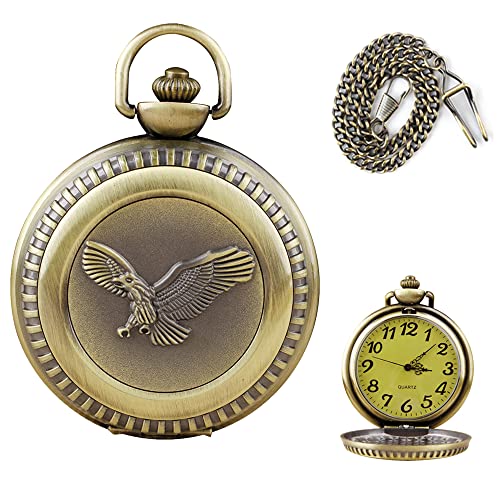 Tiong Taschenuhr mit Kette, Vintage-Quarzwerk, arabische Ziffern, Halbjäger graviert, Fliegender Adler, Taschenuhr für Herren, mit Geschenkbox von Tiong