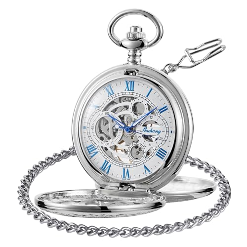 Tiong Vintage Double Hunter Taschenuhr mit Kette Glatter Stahl Mechanische Steampunk Römische Ziffern Taschenuhr & Geschenkbox Herren Bestes Geschenk, silber, blau, Retro von Tiong