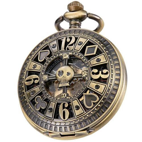 Tiong Vintage Mechanische Taschenuhr mit Kette Einzigartiger Schädel Arabische Ziffern Skala Steampunk Männer Taschenuhren von Tiong
