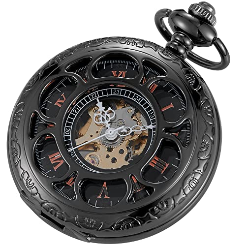 Tiong Vintage Mechanische Taschenuhr mit Kette Skelett Einzigartige Hohle Blume Gravierte Steampunk Männer Taschenuhr von Tiong