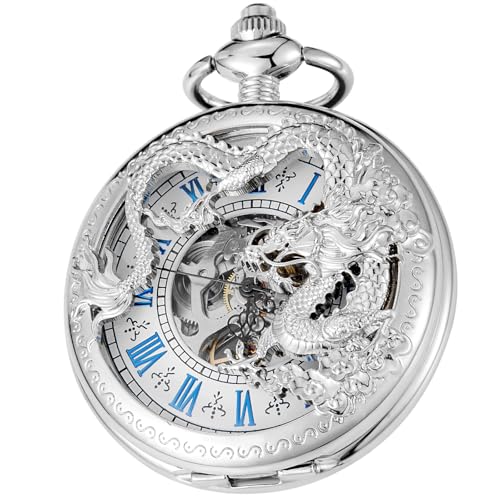 Tiong Vintage Taschenuhr Mechanische Einzigartige Hohl Gravierte Drachen Roman Ziffern Steampunk Taschenuhr mit Kette Geschenke von Tiong