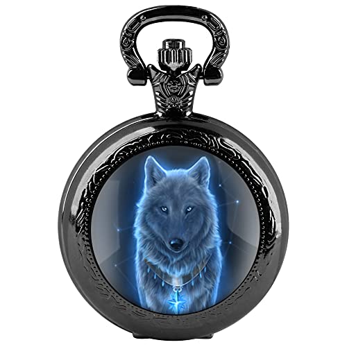 Tiong Wolf Patch Taschenuhr Schwarzes Glas Runde Quarz Taschenuhr Herren Mode Patch Quarz Taschenuhr mit Kette Männer, Ph002-uk von Tiong