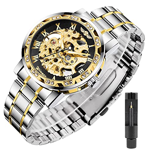 Transparente modische Diamant-Armbanduhr, Königliches Design, für Herren, Top-Marke, Luxus-Männer, mechanische Skelett-Armbanduhr, S1089-Gold Black, Skelettuhr, mechanisch von Tiong