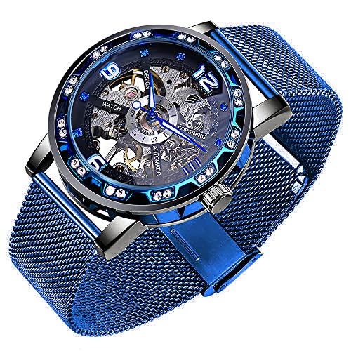 Transparente modische Diamant-Armbanduhr, Königliches Design, für Herren, Top-Marke, Luxus-Männer, mechanische Skelett-Armbanduhr, WIN975,Schwarz & Rot, selbstaufziehende, automatische Uhr von Tiong