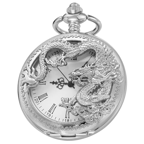 Tiong Vintage Einzigartige Drache Hohl Taschenuhr Totenkopf Quarz Legierung Taschenuhren mit Halskette Kette Geburtstag Geschenk von Tiong