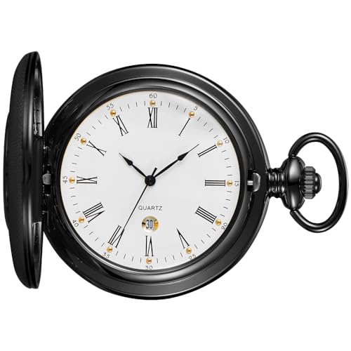 Tiong Vintage Taschenuhr mit Kette römische Ziffern Skala Einzigartiger Quarz mit Kalender Taschenuhren Geburtstagsgeschenke von Tiong