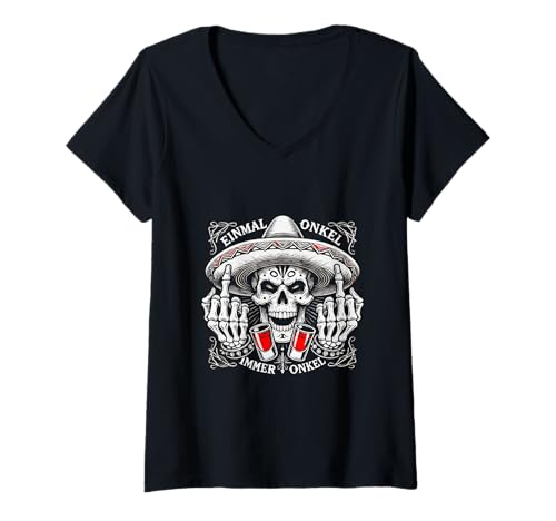 Damen Einmal Onkel Immer Onkel – Deutschrock Totenkopf T-Shirt mit V-Ausschnitt Damen Einmal Onkel Immer Onkel – Deutschrock Totenkopf T-Shirt mit V-Ausschnitt von Tioz