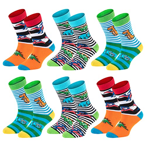 TippTexx 24 Kinder Socken, handgekettelt, 6 Paar für Mädchen/Jungen, weiche Baumwolle, viele Muster (Dinos, 7-8 Jahre) von TippTexx 24