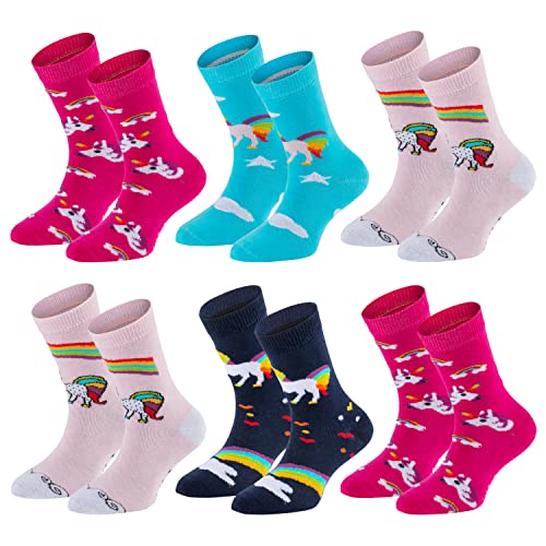 TippTexx 24 Kinder Socken, handgekettelt, 6 Paar für Mädchen/Jungen, weiche Baumwolle, viele Muster (Einhörner - Farben sortiert, 5-6 Jahre) von TippTexx 24