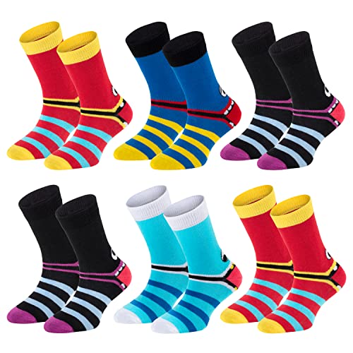 TippTexx 24 Kinder Socken, handgekettelt, 6 Paar für Mädchen/Jungen, weiche Baumwolle, viele Muster (Freche Bande, 5-6 Jahre) von TippTexx 24