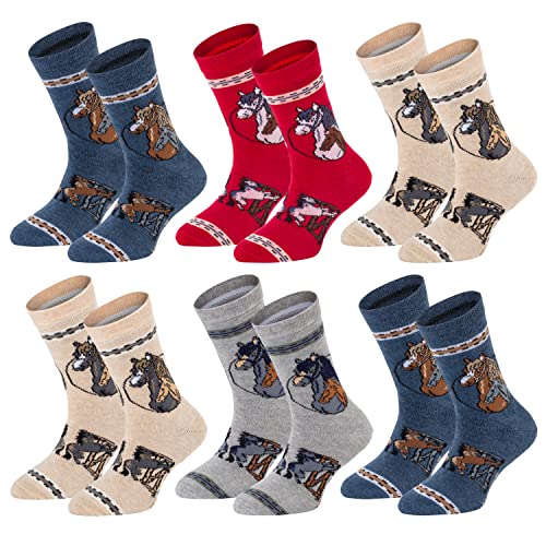 TippTexx 24 Kinder Socken, handgekettelt, 6 Paar für Mädchen/Jungen, weiche Baumwolle, viele Muster (Pferde, 7-8 Jahre) von TippTexx 24