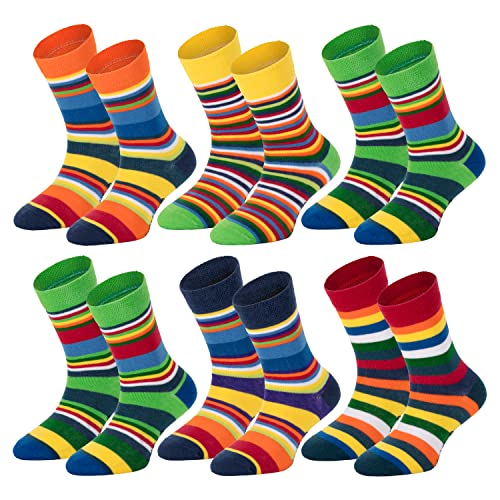 TippTexx 24 Kinder Socken, handgekettelt, 6 Paar für Mädchen/Jungen, weiche Baumwolle, bunter Mix Gr. 19-42 (Ringel- Farben sortiert, 11-12 Jahre) von TippTexx 24