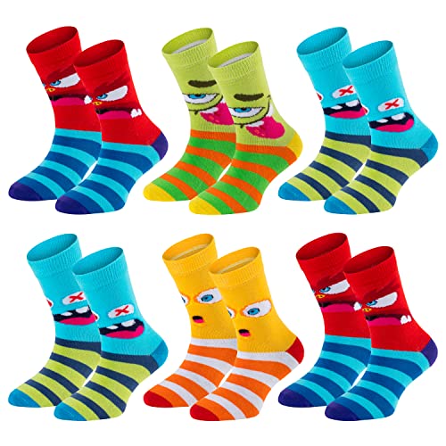 TippTexx 24 Kinder Socken, handgekettelt, 6 Paar für Mädchen/Jungen, weiche Baumwolle, viele Muster (Lustige Monster, 3-4 Jahre) von TippTexx 24