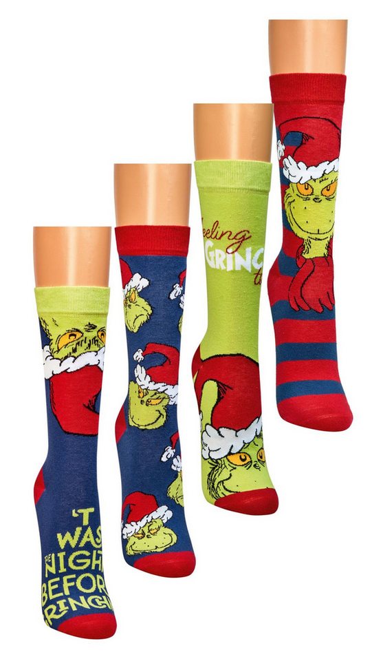 TippTexx 24 Socken 4 Paar Grinch®-Weihnachtssocken, freche Spaßsocken für Damen & Herren von TippTexx 24