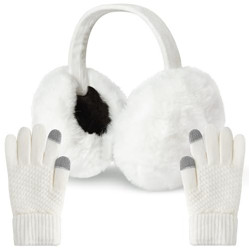 TirEurt Winter Ohrenschützer Gestrickte Touchscreen Handschuhe Set, 2 Stück Winter Plüsch Ohrenwärmer Strickhandschuhe, Flauschig Earmuffs Ohrenschützer Fingerhandschuhe für kaltes Wetter (Weiß) von TirEurt