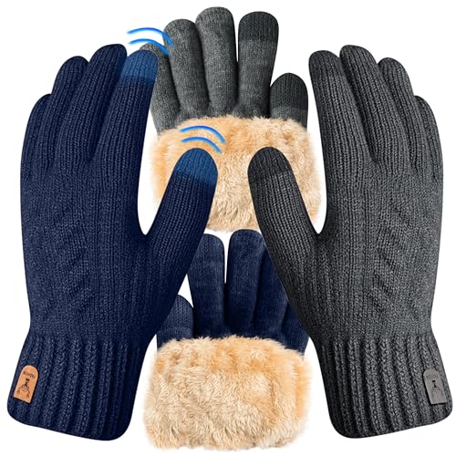 TirEurt Winterhandschuhe Herren mit Fleecefutter, 2 Stück Touchscreen Warme Handschuhe Gedehnt Strickhandschuhe, Thermohandschuhe Wintergeschenke für Laufen Radfahren Outdoor Sport, Blau Grau von TirEurt