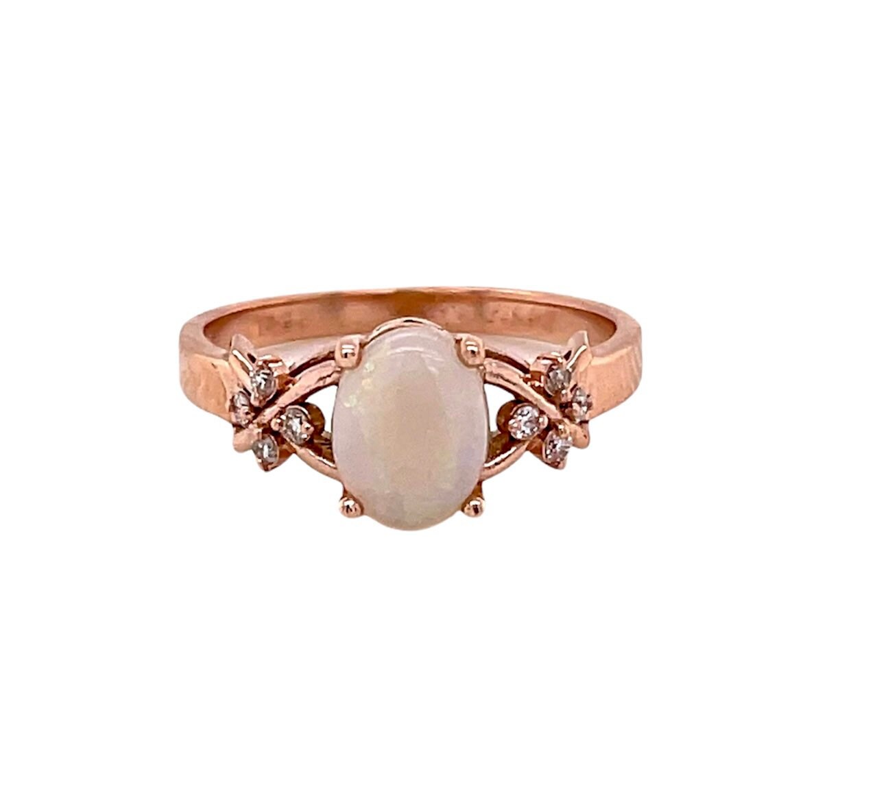 14K Roségold Solitär Oval Opal Criss Kreuz Ring Mit Diamanten Größe 7 von Tirazisjewelers