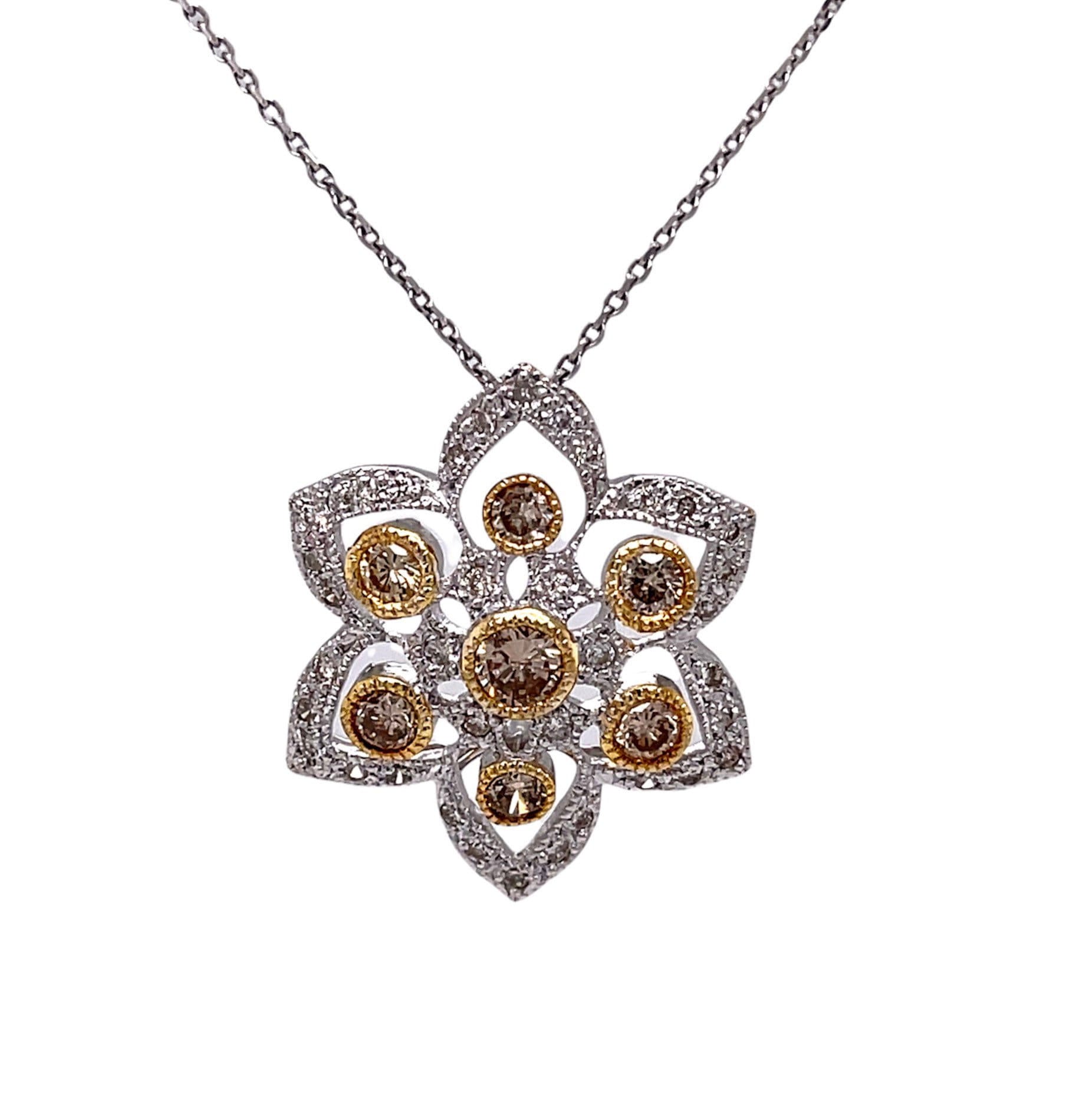 18K Weißgold 1.25Tcw Natürlicher Champagner Diamant Blumen Anhänger & Kette Halskette von Tirazisjewelers