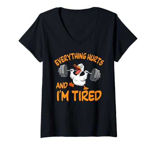 Damen Lustiges Workout-Entendesign „Alles TUT WEH und ich Bin müde“ T-Shirt mit V-Ausschnitt von Tired Duck Lifting Weights Workout Humor