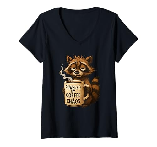 Damen Powered by Coffee Disorder Cute Raccoon Lover Müder Waschbär T-Shirt mit V-Ausschnitt Damen Powered by Coffee Disorder Cute Raccoon Lover Müder Waschbär T-Shirt mit V-Ausschnitt von Tired Raccoon Mug Funny Powered By Coffee Disorder