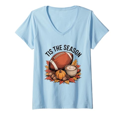 Damen Funny Tis The Season Herbst Fußball Cozy Autumn and Coffee T-Shirt mit V-Ausschnitt Damen Funny Tis The Season Herbst Fußball Cozy Autumn and Coffee T-Shirt mit V-Ausschnitt von Tis the Season Fall Football Coffee Lovers Autumn