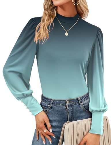Damen Langarm Rollkragen Tops Elegant Damenbluse Locker Casual Oberteile Basic Puffärmel Shirt Tunika (XXL,Blau-weißer Farbverlauf) von Tisfeer