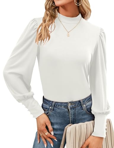 Tisfeer Damen Bluse Langarm Rollkragen Tops Elegant Damenbluse Locker Casual Oberteile Basic Puffärmel Shirt Tunika (XXL,Weiß) von Tisfeer
