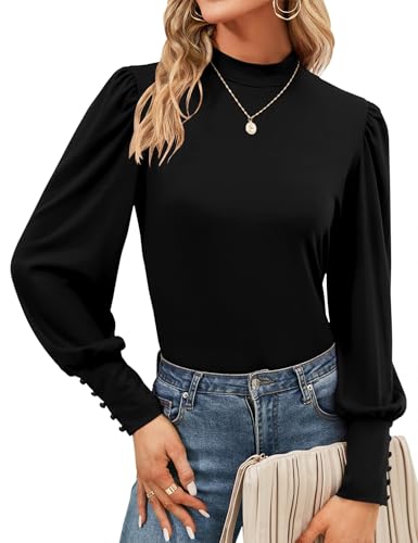 Tisfeer Damen Bluse Langarm Rollkragen Tops Elegant Locker Oberteile Basic Puffärmel Shirt Herbst Tunika (M,Schwarz) von Tisfeer