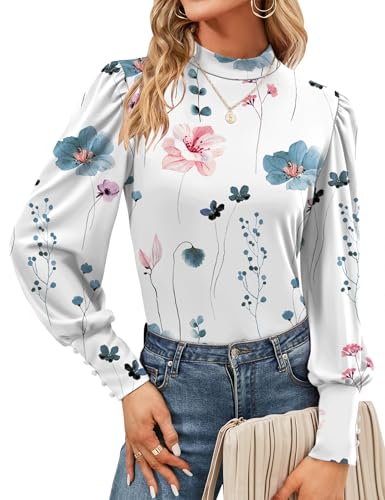 Tisfeer Damen Bluse Langarm Rollkragen Tops Elegant Locker Oberteile Basic Puffärmel Shirt Herbst Tunika (S,Rosa Blumen auf weißem) von Tisfeer