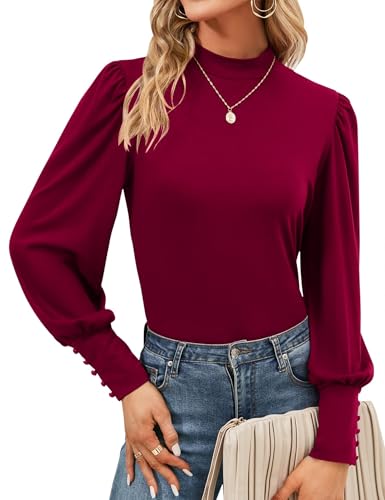 Tisfeer Damen Bluse Langarm Rollkragen Tops Elegant Locker Oberteile Basic Puffärmel Shirt Herbst Tunika (XXL,Rotwein) von Tisfeer