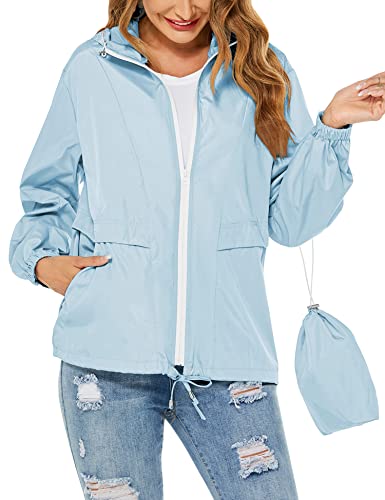 Tisfeer Damen Regenjacke Wasserdicht Winddicht Fahrradjacke Atmungsaktive Packbar Dünne Regenmantel(Hellblau,XXL) von Tisfeer