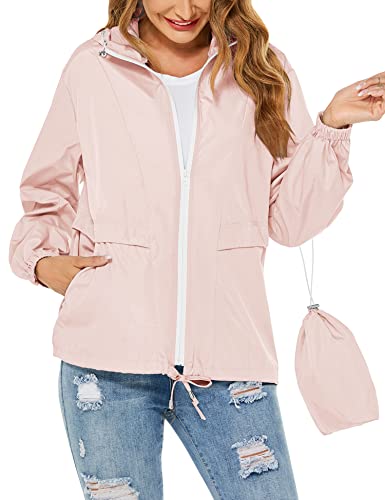 Tisfeer Damen Regenjacke Wasserdicht Winddicht Fahrradjacke Atmungsaktive Packbar Dünne Regenmantel(Rosa,XL) von Tisfeer