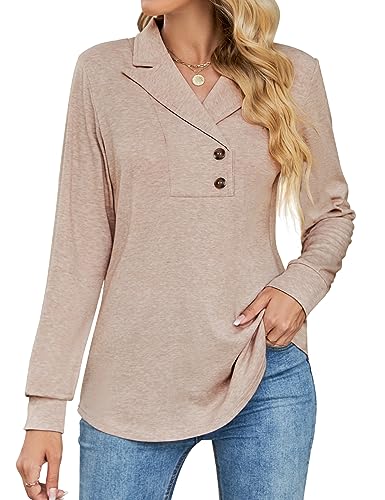 Tisfeer Damen Sweatshirt Pullover Elegant V-Ausschnitt Langarmshirt Business Lässig Tunika Tops Locker Herbst Winter Einfarbig Oberteile 2025(Aprikose,M) von Tisfeer