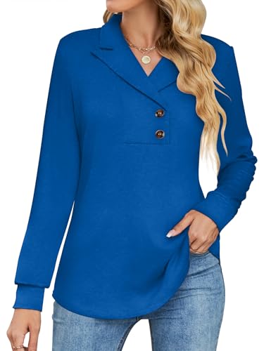 Tisfeer Damen Sweatshirt Pullover Elegant V-Ausschnitt Langarmshirt Business Lässig Tunika Tops Locker Herbst Winter Einfarbig Oberteile 2025(Königsblau,XL) von Tisfeer
