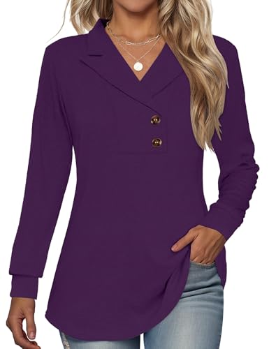 Tisfeer Damen Sweatshirt Pullover Elegant V-Ausschnitt Langarmshirt Business Lässig Tunika Tops Locker Herbst Winter Einfarbig Oberteile 2025(Lila,S) von Tisfeer