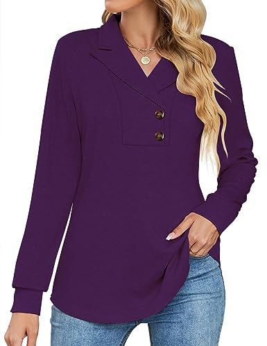 Tisfeer Damen Sweatshirt Pullover Elegant V-Ausschnitt Langarmshirt Business Lässig Tunika Tops Locker Herbst Winter Einfarbig Oberteile 2025(Lila,XXL) von Tisfeer