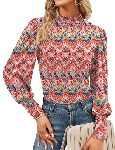 Tisfeer Damenbluse Langarm Rollkragen Tops Elegant Locker Oberteile Basic Puffärmel T Shirt Tunika (L,Marineblau) von Tisfeer