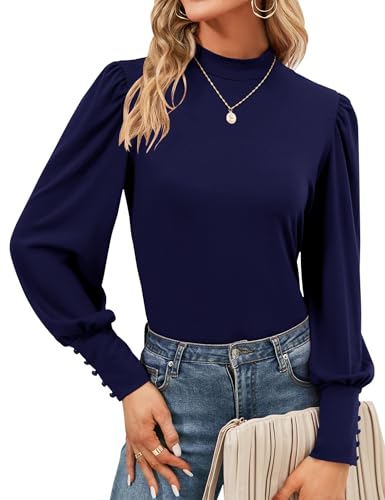 Tisfeer Damenbluse Langarm Rollkragen Tops Elegant Locker Oberteile Basic Puffärmel T Shirt Tunika (M,Marineblau) von Tisfeer